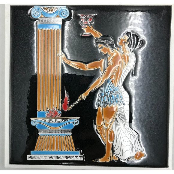 Greek Mythology 5th Century Athlete Olympic Flame Hand Made Tile Rare Vintage - Picture 1 of 3